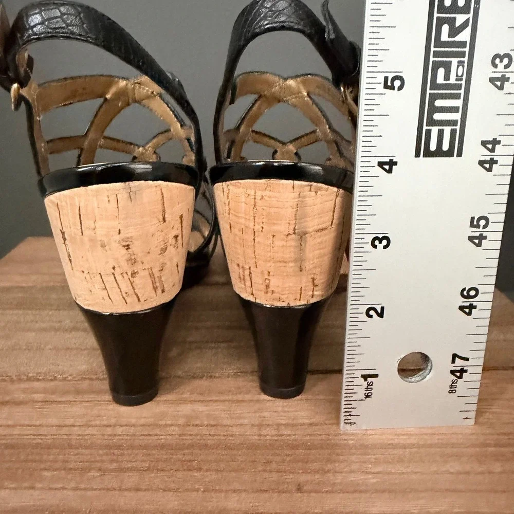 Tahari Petunia Black Snake Embossed Leather Cork Wedge Sandals Women 8.5 Strappy